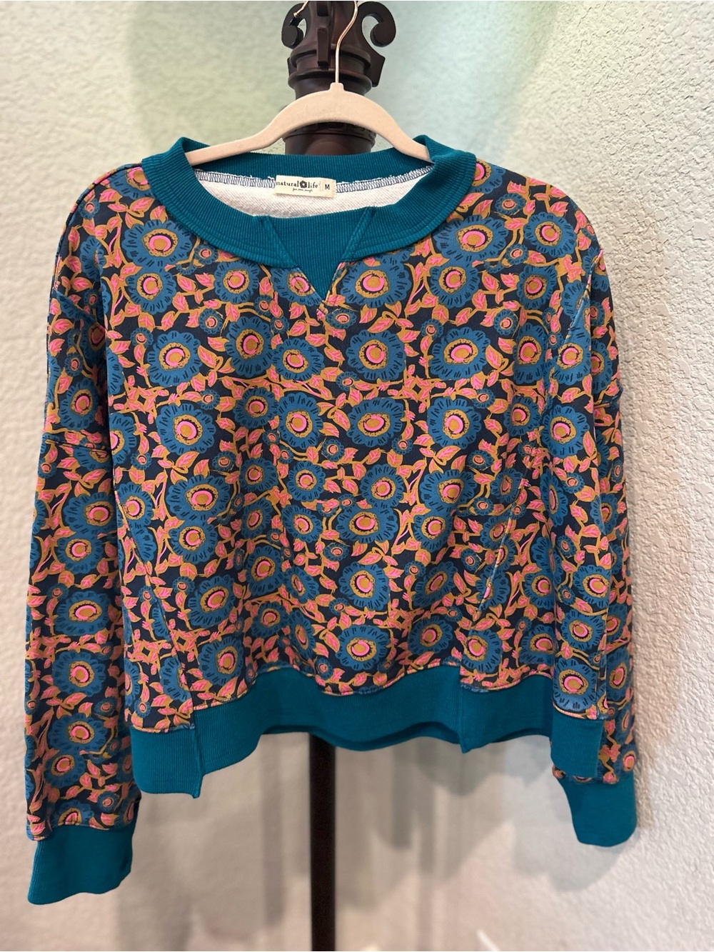 NATURAL LIFE Teal Floral Print Women's Sweater